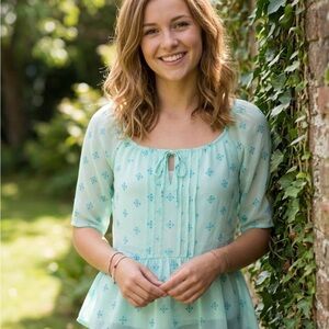 Hollister Mint Floral Tie-Front Peplum Blouse